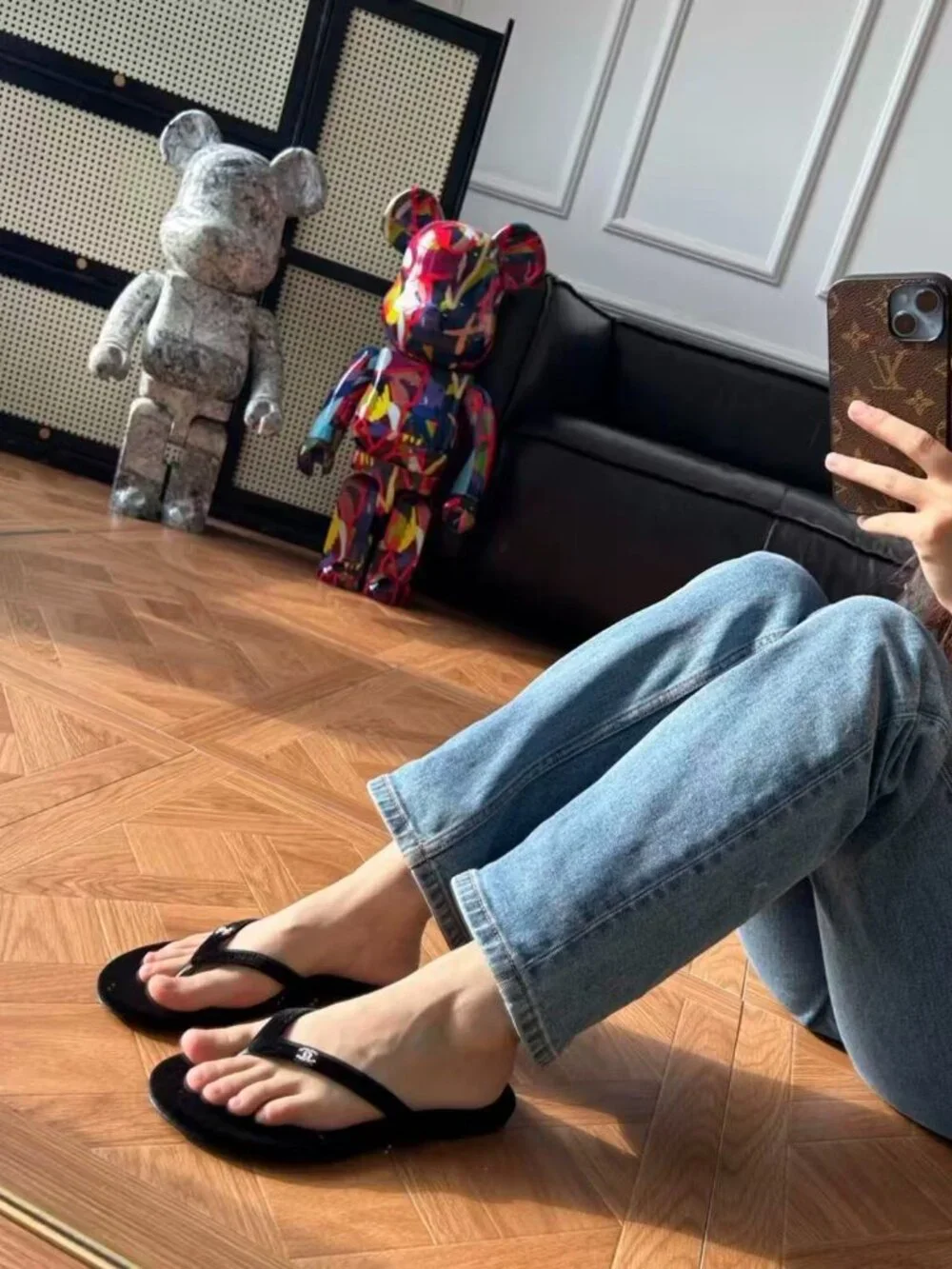 Chanel Velvet Flip-Flop Sandals
